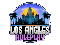 a logo for los angeles roleplay with a city skyline in the background