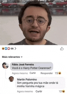 a screenshot of a facebook post with a man wearing glasses