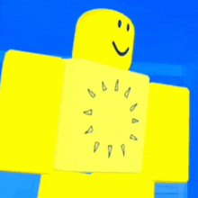 a yellow robot with a clock on its back is standing on a blue background .