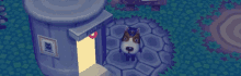 a dog is standing in front of a building that says police on it