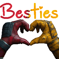 two gloves are making a heart shape with the words besties above them