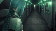 a girl with blue hair is walking down a dark hallway