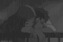 anime couple hugging in rain