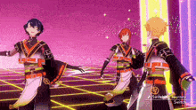 three anime characters are dancing in front of a sign that says switch
