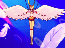 a cartoon of a woman with angel wings is flying through the air