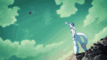 a cartoon character is standing on a rocky hill looking up at a person flying through the air