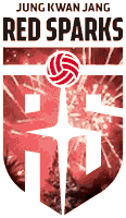 a logo for jung kwan jang red sparks with a red volleyball
