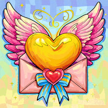 a pink envelope with a heart in it and wings