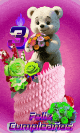 a teddy bear holding a bouquet of flowers on top of a pink cake with the number 3 on it