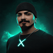 a man with a beard is wearing a black shirt with a neon x on it