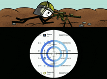 a cartoon of a stick figure holding a rifle and looking through a scope at a target for solana and dogecoin