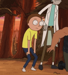 a cartoon of rick and morty standing next to each other in a forest