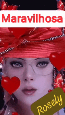 a woman wearing a red hat with hearts around her and a rosely sign