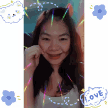 a woman 's face is surrounded by a love sticker