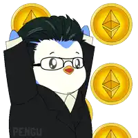 a penguin wearing glasses and a suit is surrounded by gold coins with eth symbols on them