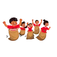 a group of children are jumping in sacks with a man wearing a shirt that says ' a ' on it
