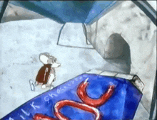 a cartoon of a mouse standing next to a package of milk chocolate