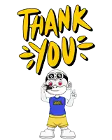a cartoon character is standing in front of a sign that says " thank you "