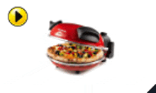 a red pizza oven with a pizza inside of it
