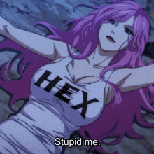 a woman with pink hair is wearing a shirt that says hex