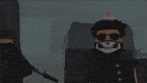 a cartoon character wearing sunglasses and a skull mask has a red circle on his head