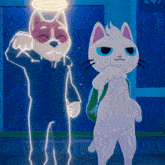a dog and a cat are standing next to each other in a blue room