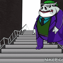 a cartoon of a pig dressed as the joker standing on a set of stairs