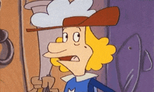 a cartoon character with blonde hair wearing a hat