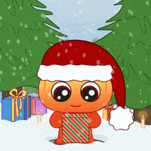 a cartoon character is wearing a santa hat and holding a present