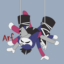 a cartoon character is hanging upside down with the word bark written in red