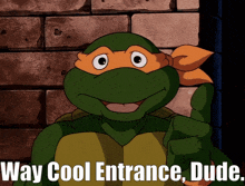 a picture of a teenage mutant ninja turtle giving a thumbs up and the caption way cool entrance dude