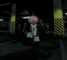a girl with pink hair is standing in a dark room holding a book