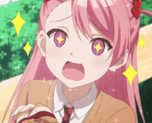 a girl with pink hair and purple eyes