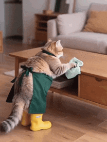 a cat wearing an apron and yellow boots is cleaning a coffee table