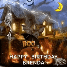 a happy birthday card for brenda with a skeleton , bats , pumpkins , and lightning