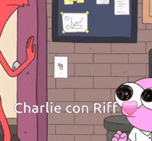 a cartoon character named charlie con riff is standing next to a brick wall