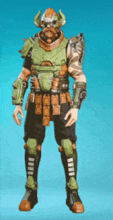 a man with a beard and horns is wearing a green and orange armor