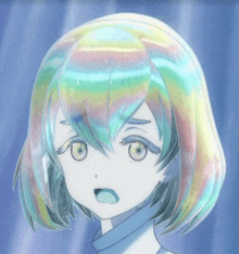 a close up of a girl with a rainbow haircut