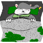 a cartoon drawing of a cat wearing a hat and a green shirt