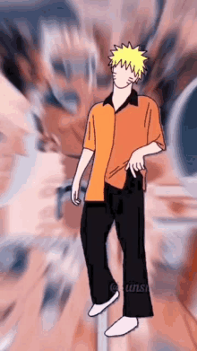 a cartoon of a man in a orange shirt and black pants is standing on a pole .