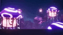 purple and pink jellyfish are floating in a dark forest