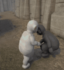 a white teddy bear is standing next to a person in a black shirt