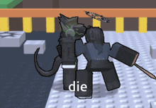 a cartoon character with the word die on the bottom right