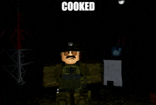a man with a mustache and sunglasses is standing in a dark room with the words cooked above him