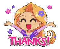 a cartoon drawing of a girl with flowers in her hair says thanks