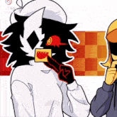 a black and white cartoon character with a red eye is holding a piece of paper in his mouth .