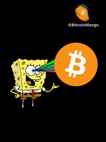 a cartoon of spongebob holding a coin with the letter b in it