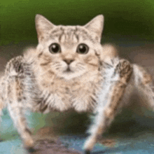 a cat with spider legs is standing on a table .