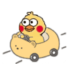 a yellow duck is driving a yellow car .