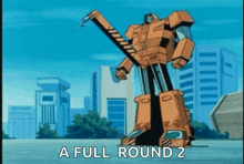 a robot is standing in front of a city with the words a full round 2 below it